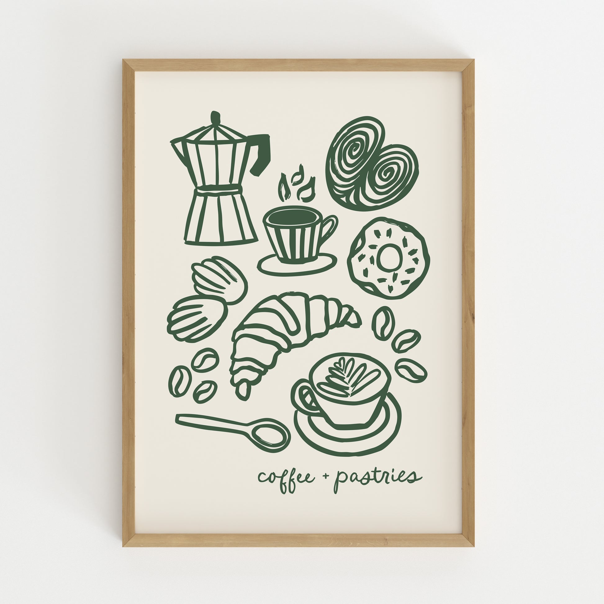 hand-drawn coffee and pastries moka pot croissant latte cinnamon roll dark green cream background art print