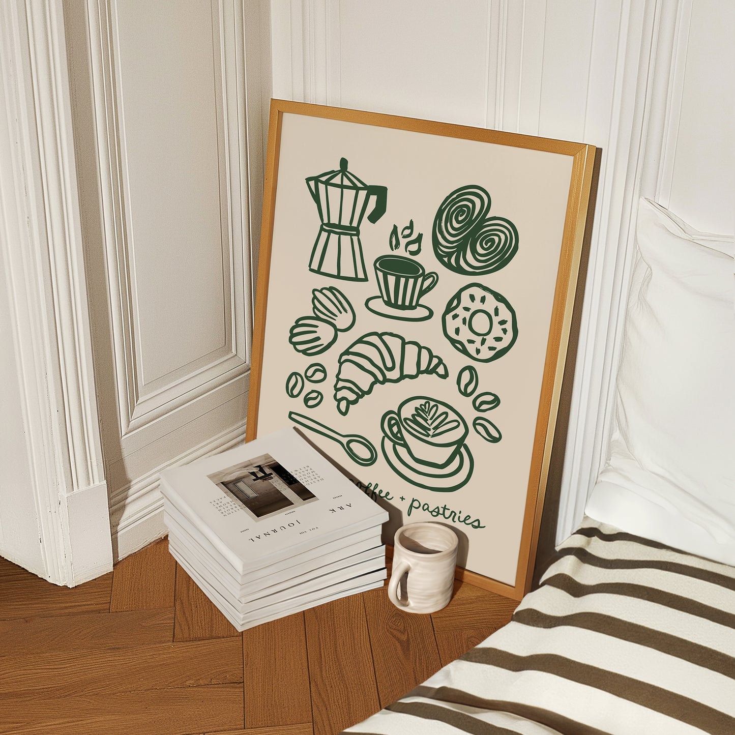 hand-drawn coffee and pastries moka pot croissant latte cinnamon roll dark green cream background art print