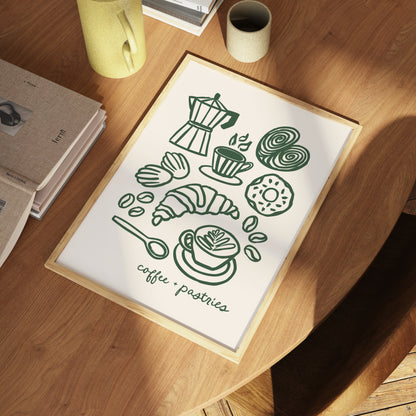 hand-drawn coffee and pastries moka pot croissant latte cinnamon roll dark green cream background art print