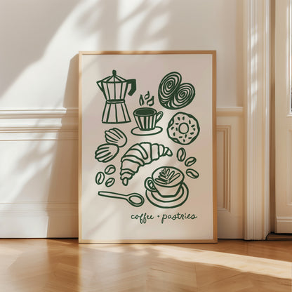 hand-drawn coffee and pastries moka pot croissant latte cinnamon roll dark green cream background art print