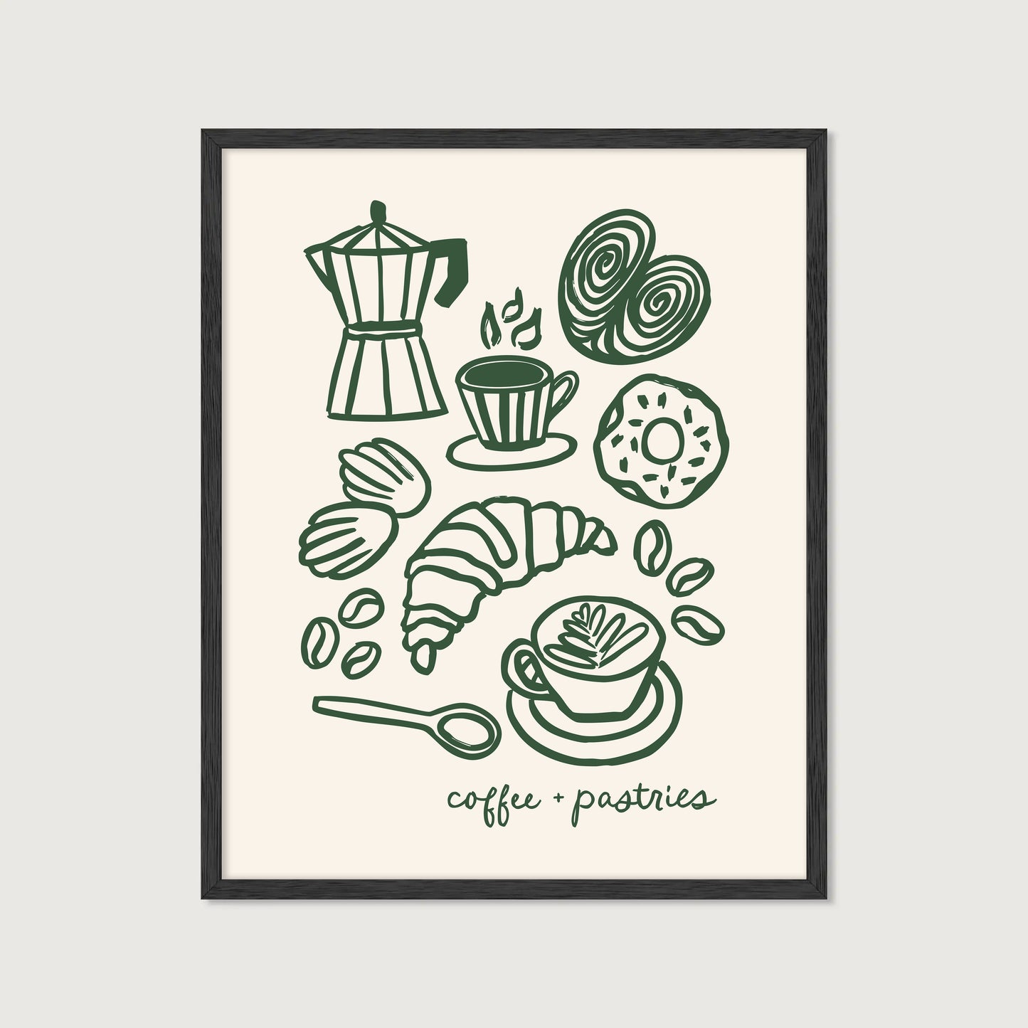 hand-drawn coffee and pastries moka pot croissant latte cinnamon roll dark green cream background art print