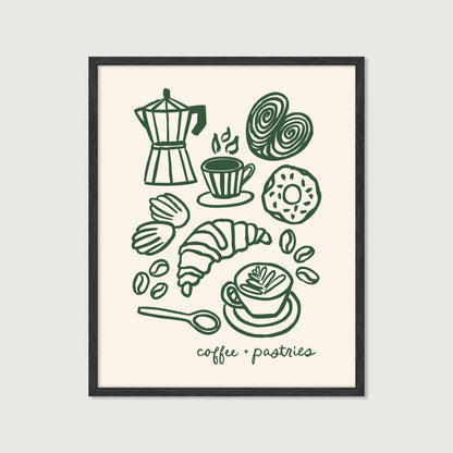 hand-drawn coffee and pastries moka pot croissant latte cinnamon roll dark green cream background art print