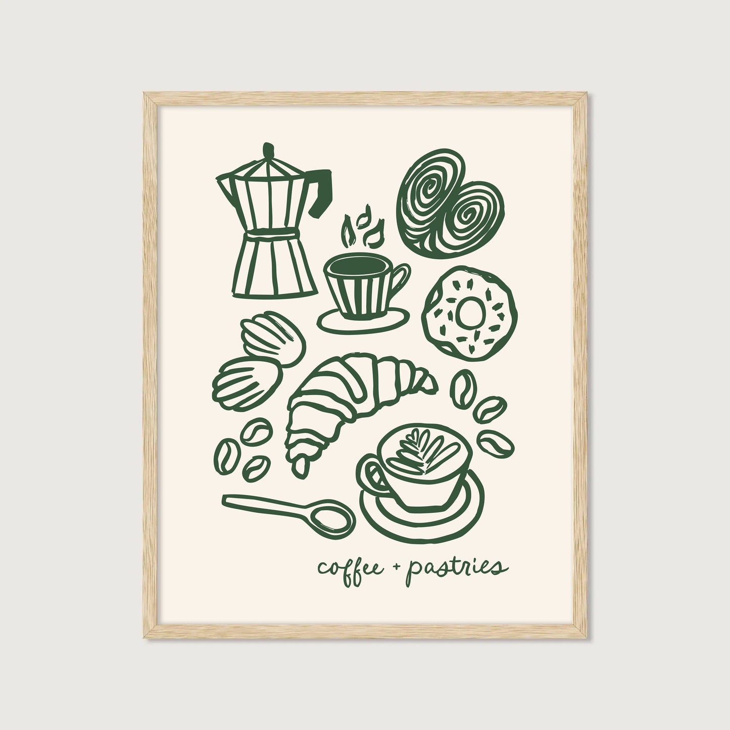hand-drawn coffee and pastries moka pot croissant latte cinnamon roll dark green cream background art print