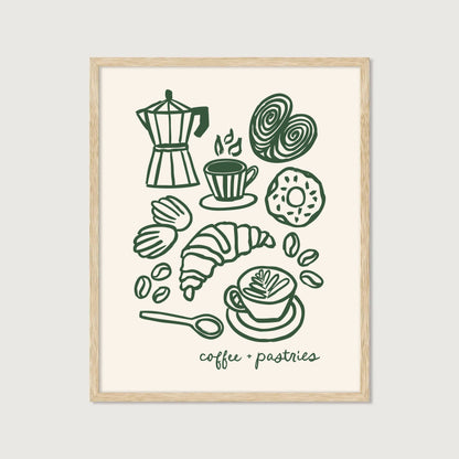 hand-drawn coffee and pastries moka pot croissant latte cinnamon roll dark green cream background art print