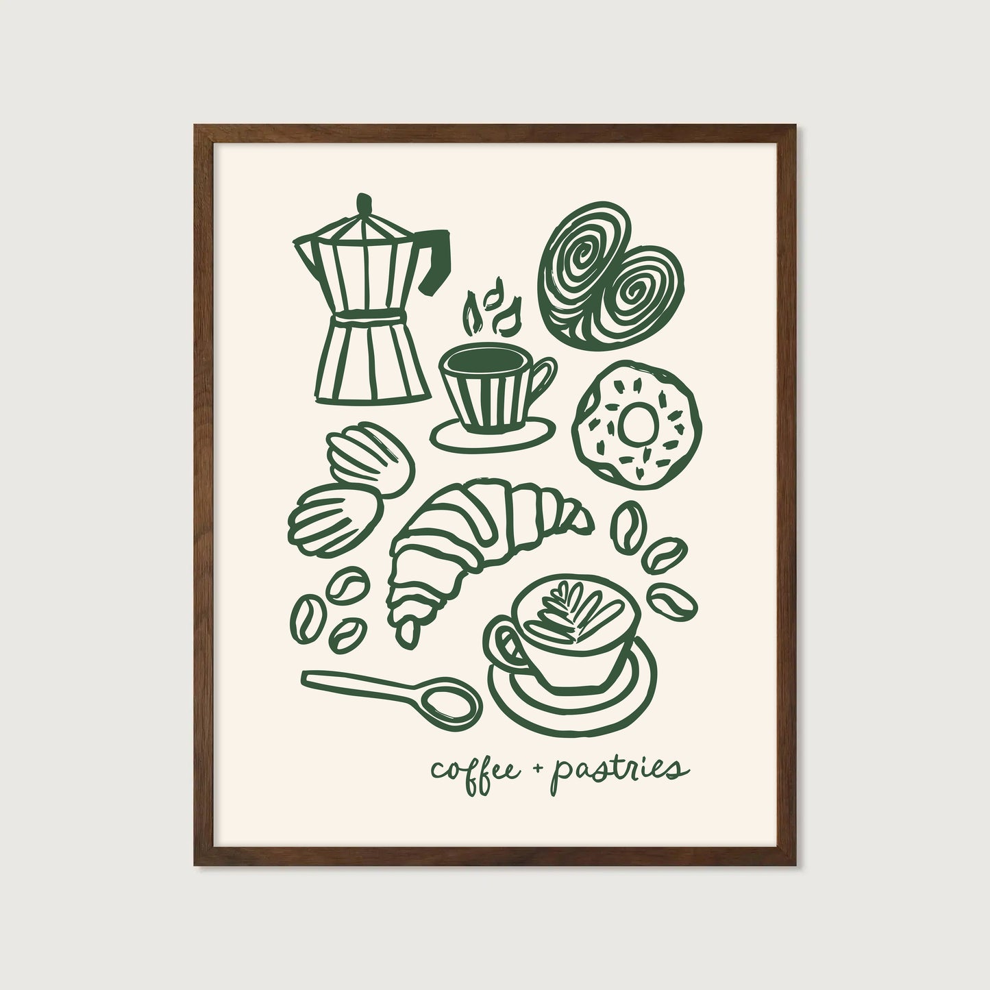 hand-drawn coffee and pastries moka pot croissant latte cinnamon roll dark green cream background art print