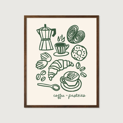 hand-drawn coffee and pastries moka pot croissant latte cinnamon roll dark green cream background art print