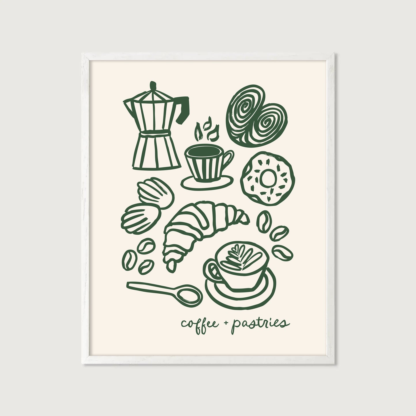 hand-drawn coffee and pastries moka pot croissant latte cinnamon roll dark green cream background art print