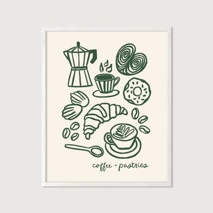 hand-drawn coffee and pastries moka pot croissant latte cinnamon roll dark green cream background art print