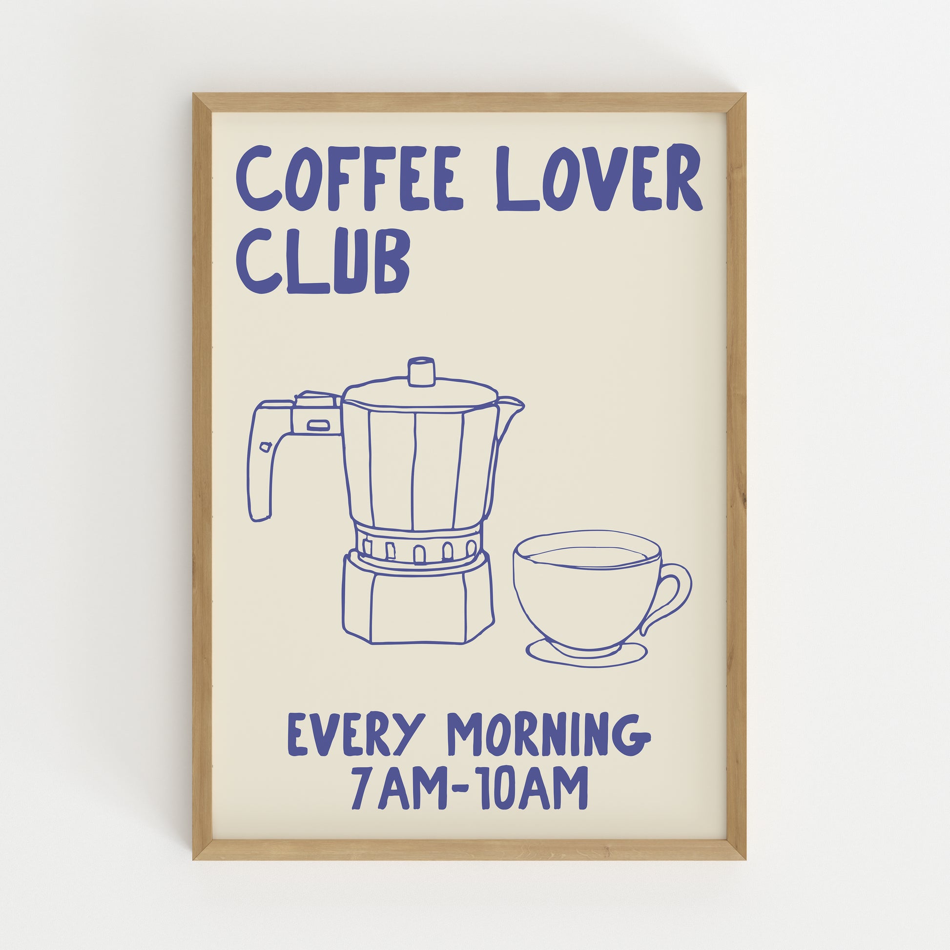 hand-drawn moka pot coffee cup blue cream background coffee lover club art print