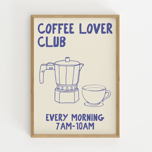 hand-drawn moka pot coffee cup blue cream background coffee lover club art print