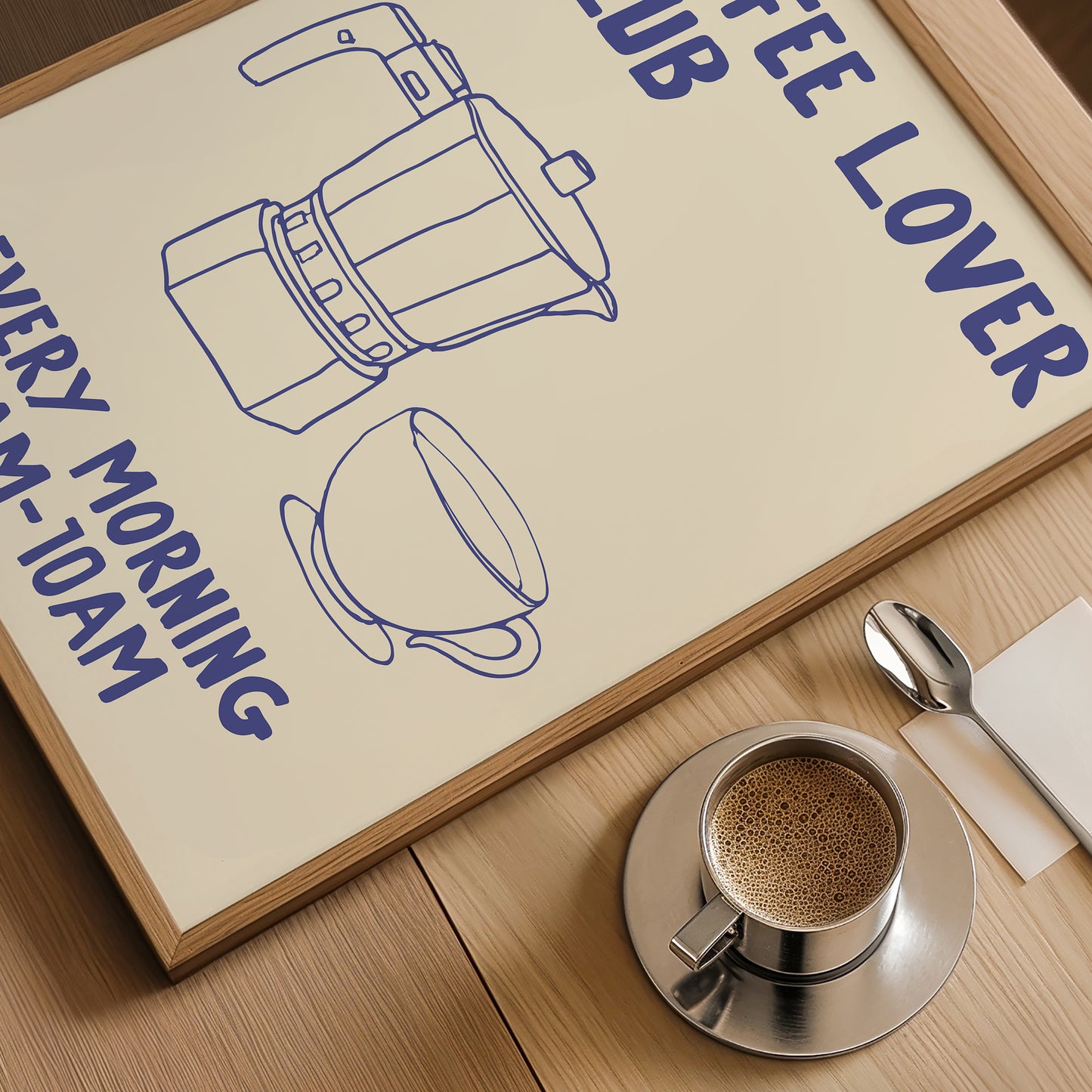 hand-drawn moka pot coffee cup blue cream background coffee lover club art print