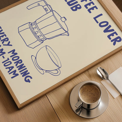 hand-drawn moka pot coffee cup blue cream background coffee lover club art print