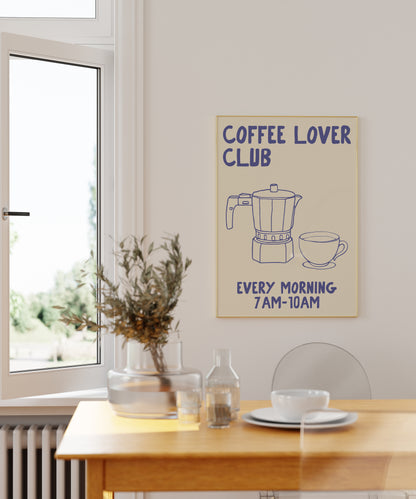 hand-drawn moka pot coffee cup blue cream background coffee lover club art print