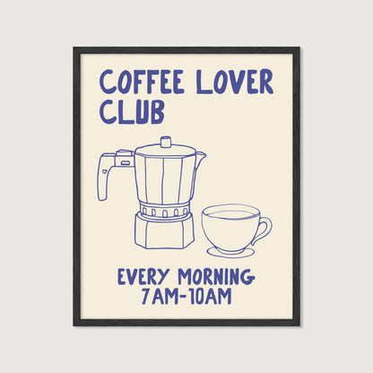 hand-drawn moka pot coffee cup blue cream background coffee lover club art print
