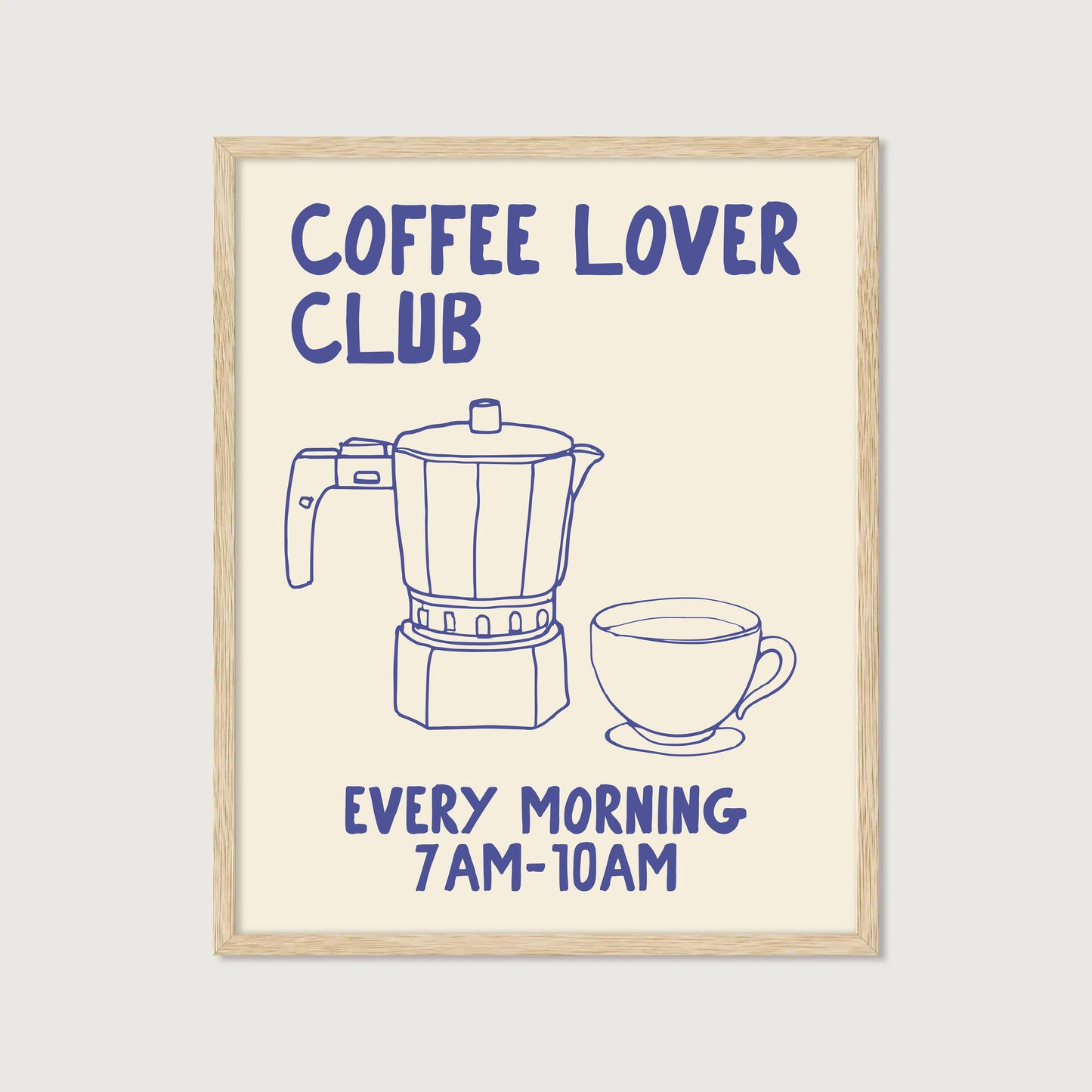 hand-drawn moka pot coffee cup blue cream background coffee lover club art print