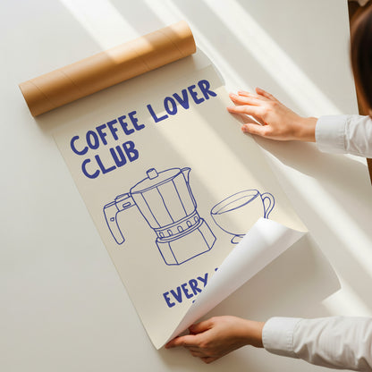 hand-drawn moka pot coffee cup blue cream background coffee lover club art print