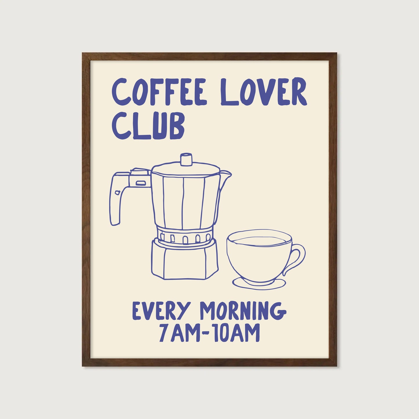 hand-drawn moka pot coffee cup blue cream background coffee lover club art print