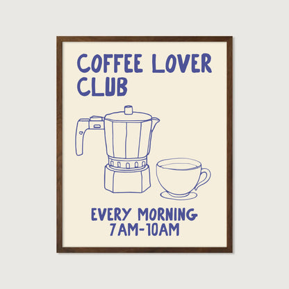 hand-drawn moka pot coffee cup blue cream background coffee lover club art print