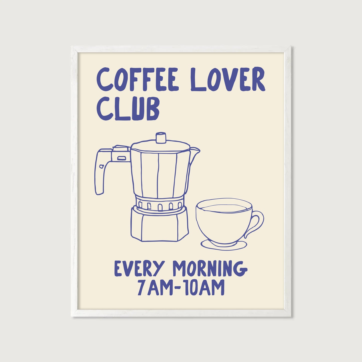 hand-drawn moka pot coffee cup blue cream background coffee lover club art print