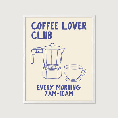 hand-drawn moka pot coffee cup blue cream background coffee lover club art print
