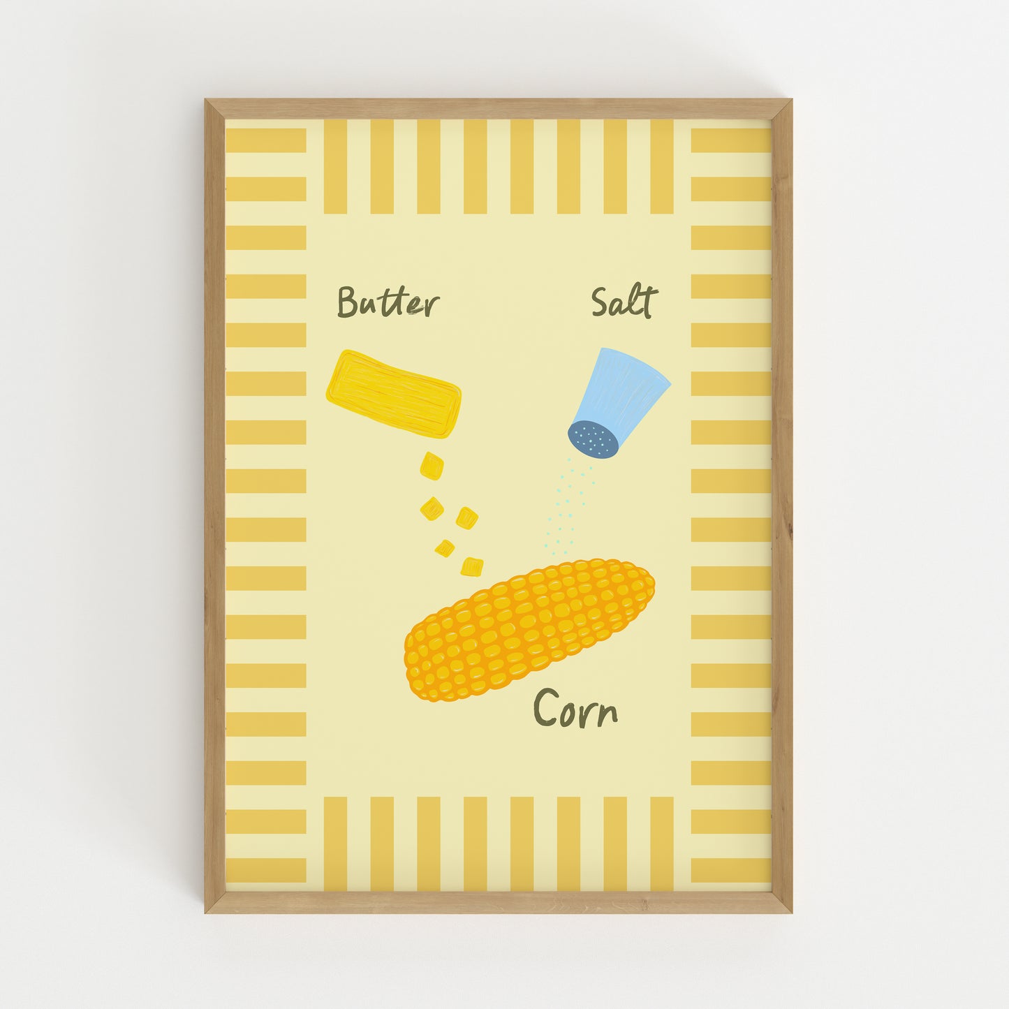 hand-drawn corn on the cob butter salt shaker yellow stripe border cream background food art print