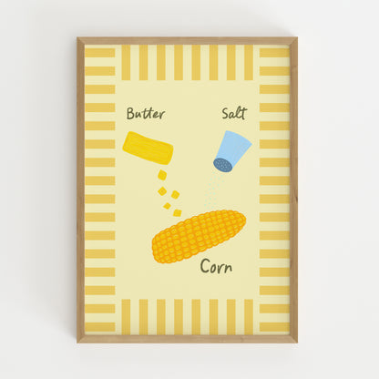 hand-drawn corn on the cob butter salt shaker yellow stripe border cream background food art print