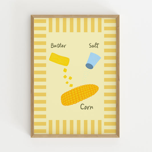 hand-drawn corn on the cob butter salt shaker yellow stripe border cream background food art print