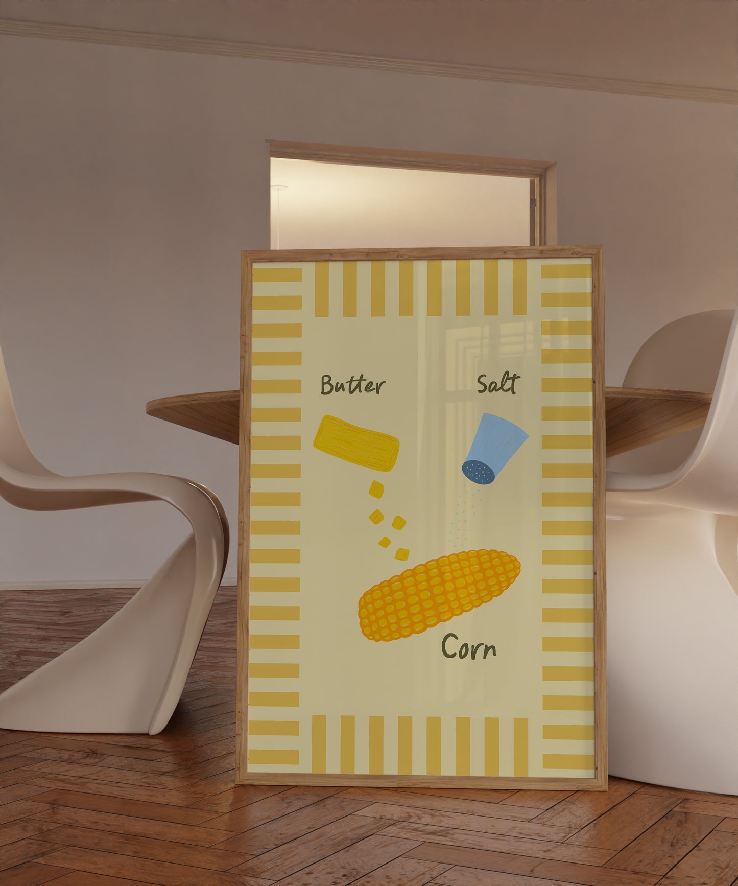 hand-drawn corn on the cob butter salt shaker yellow stripe border cream background food art print