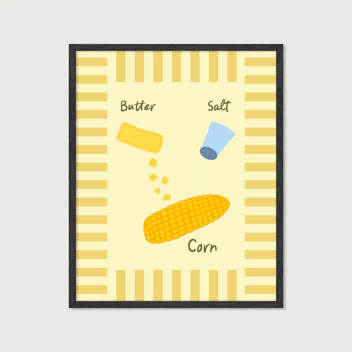 hand-drawn corn on the cob butter salt shaker yellow stripe border cream background food art print