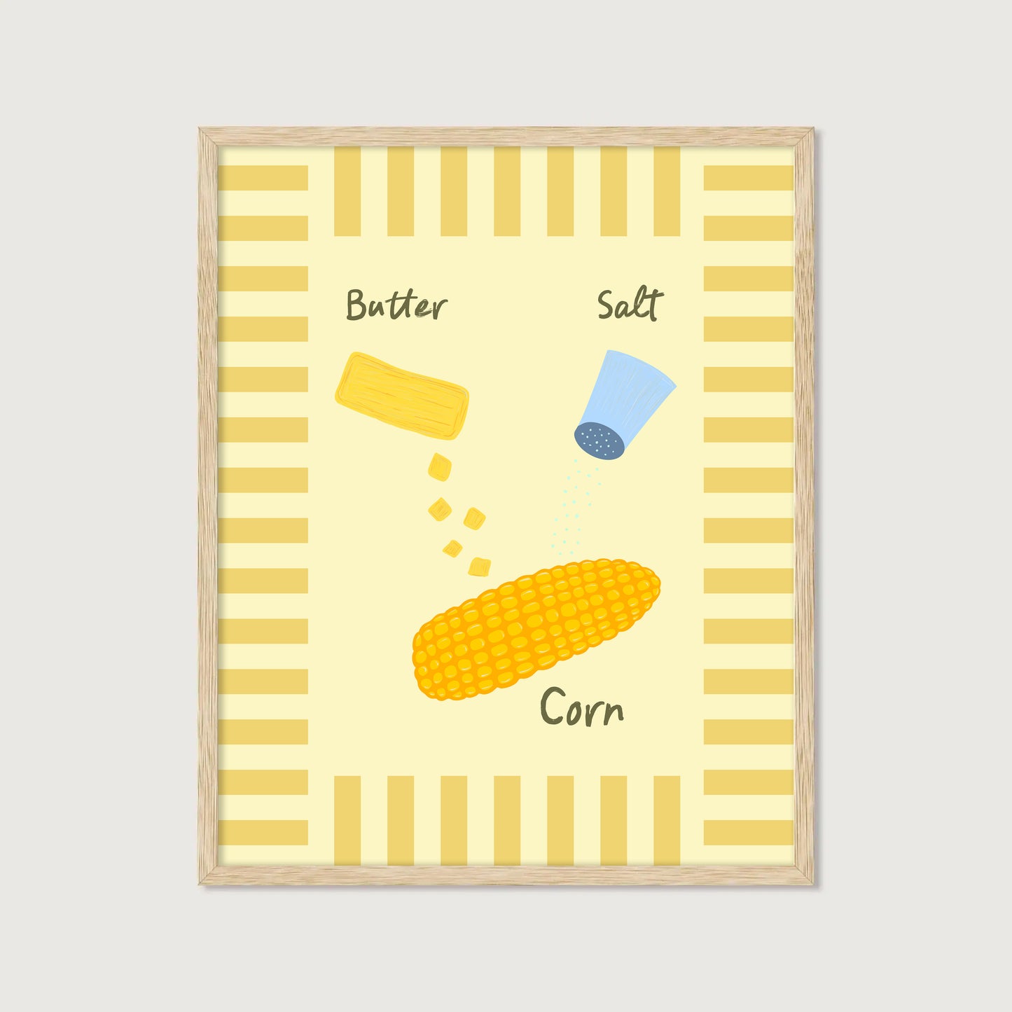 hand-drawn corn on the cob butter salt shaker yellow stripe border cream background food art print