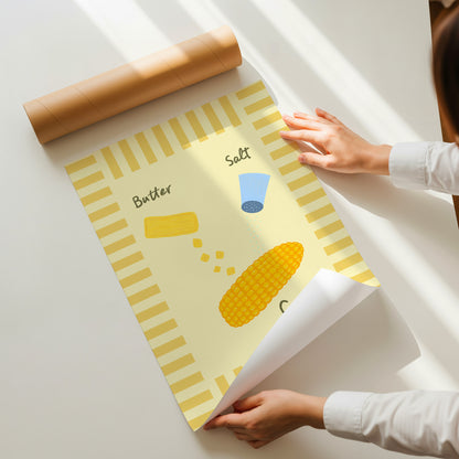 hand-drawn corn on the cob butter salt shaker yellow stripe border cream background food art print