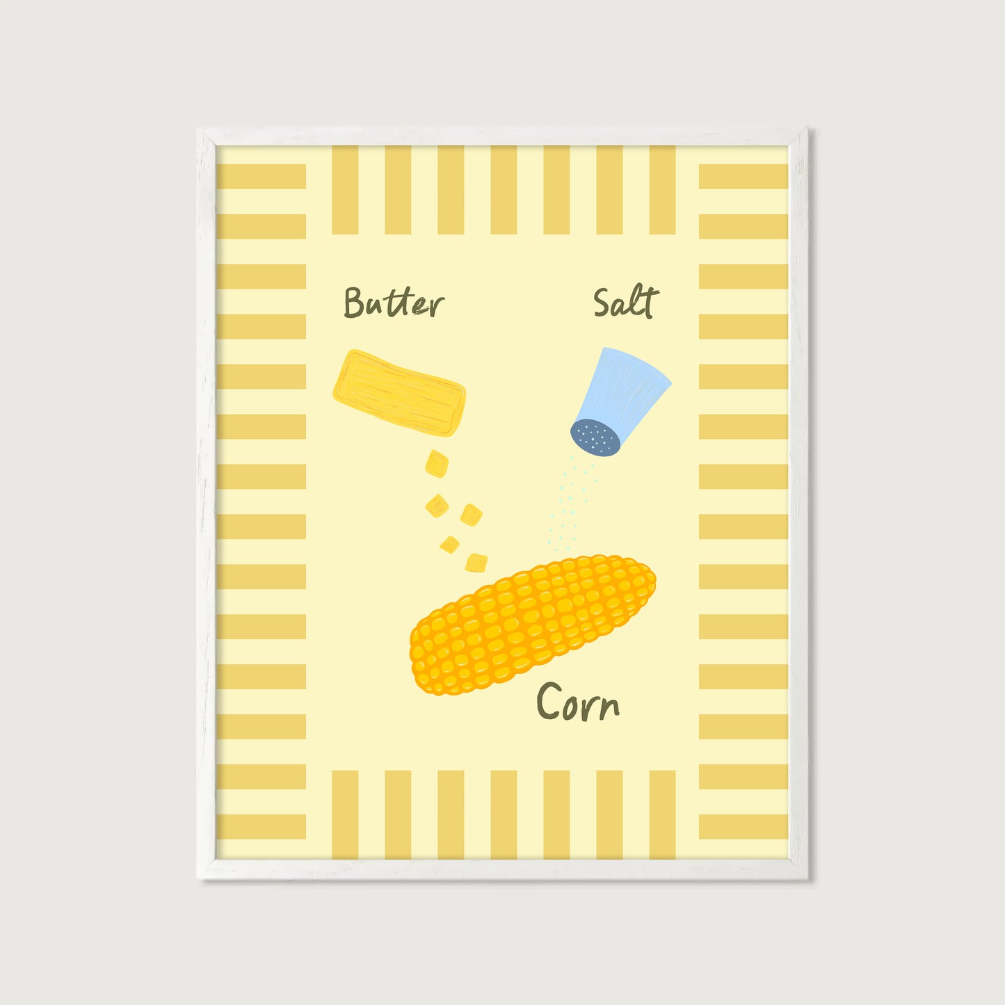 hand-drawn corn on the cob butter salt shaker yellow stripe border cream background food art print