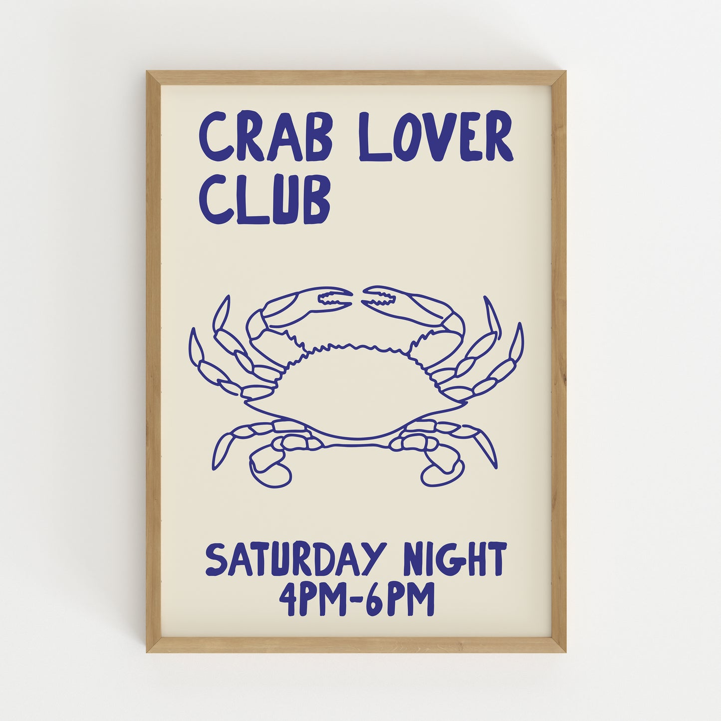hand-drawn blue crab illustration cream background crab lover club saturday night art print