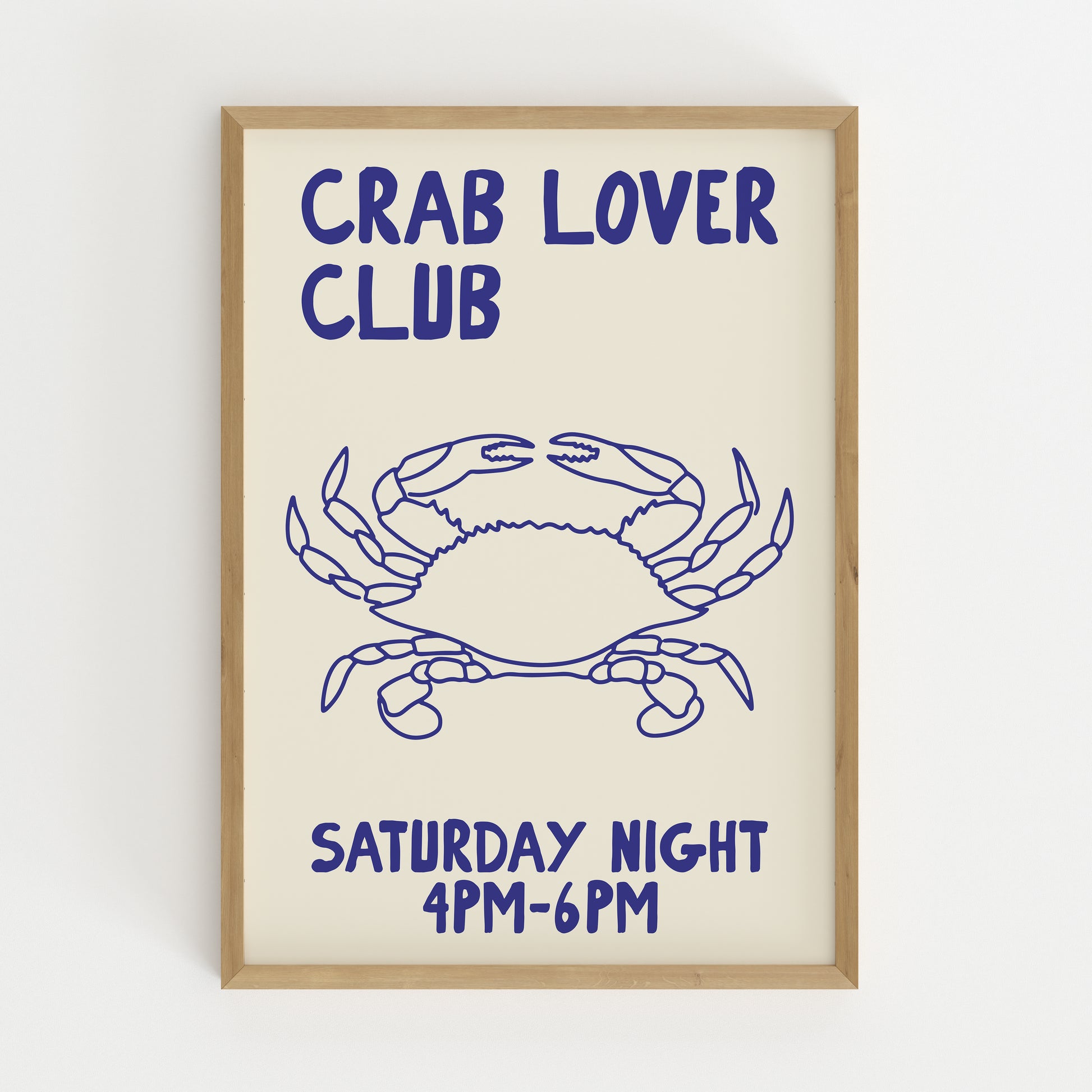 hand-drawn blue crab illustration cream background crab lover club saturday night art print
