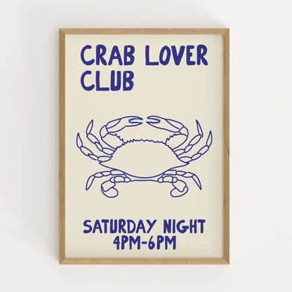 hand-drawn blue crab illustration cream background crab lover club saturday night art print