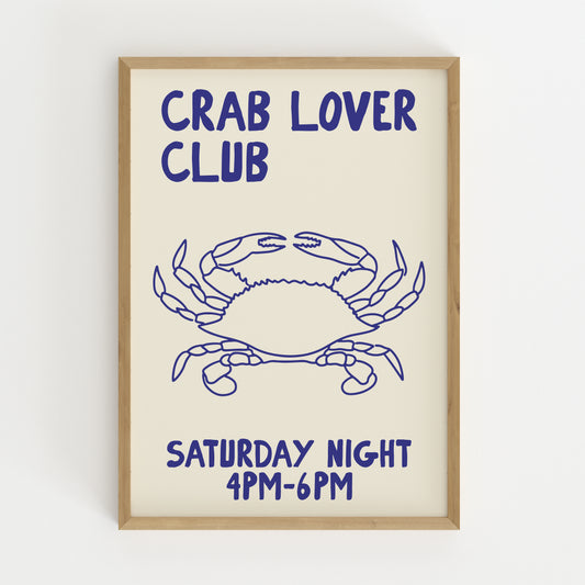hand-drawn blue crab illustration cream background crab lover club saturday night art print