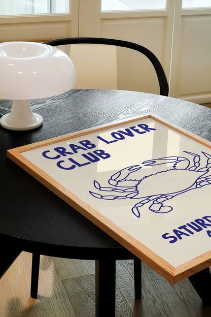 hand-drawn blue crab illustration cream background crab lover club saturday night art print