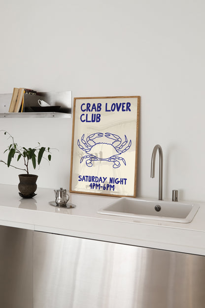 hand-drawn blue crab illustration cream background crab lover club saturday night art print