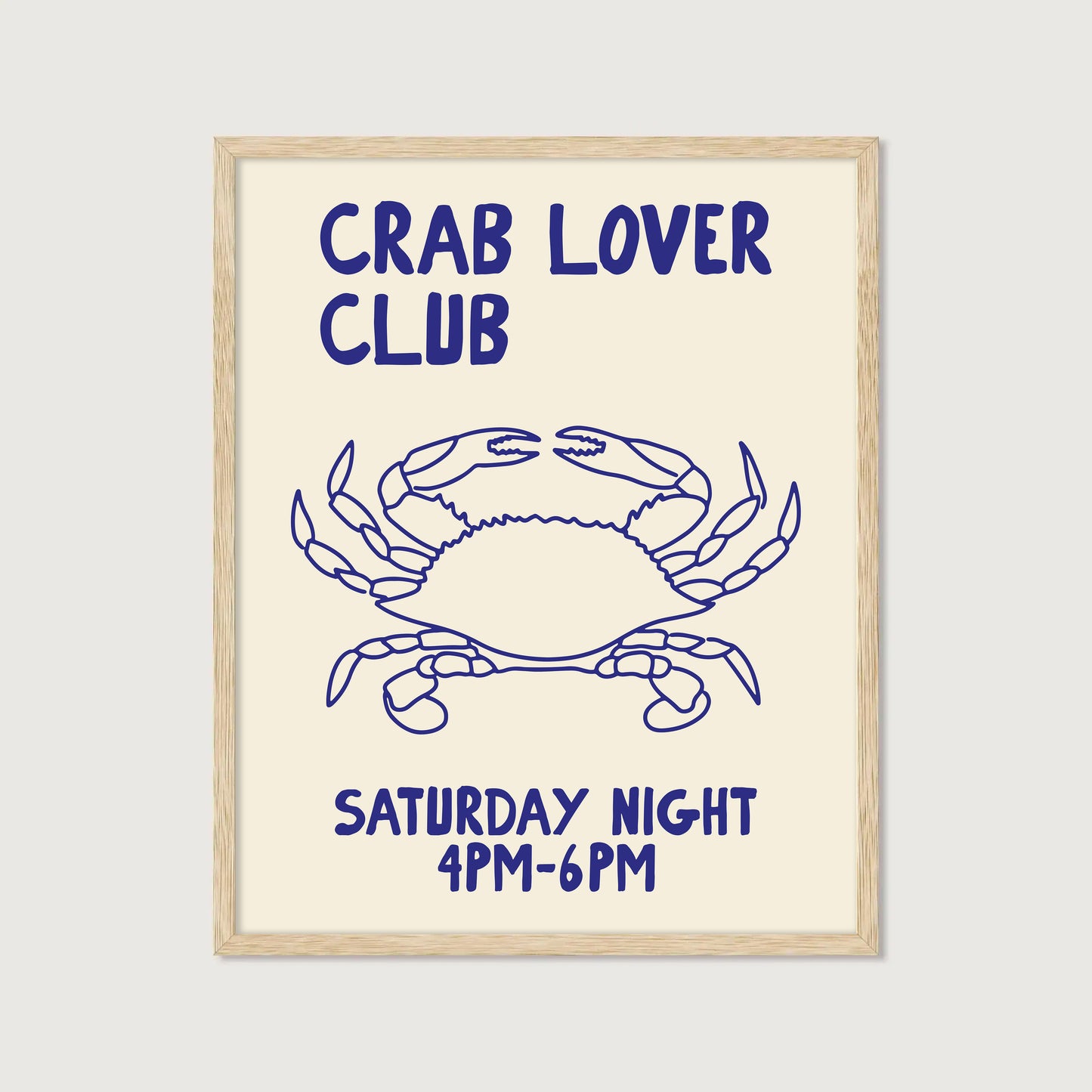hand-drawn blue crab illustration cream background crab lover club saturday night art print