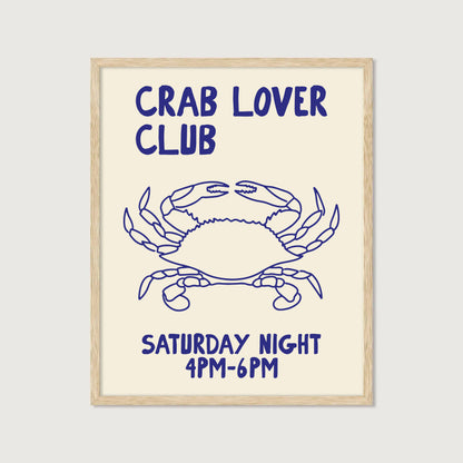 hand-drawn blue crab illustration cream background crab lover club saturday night art print