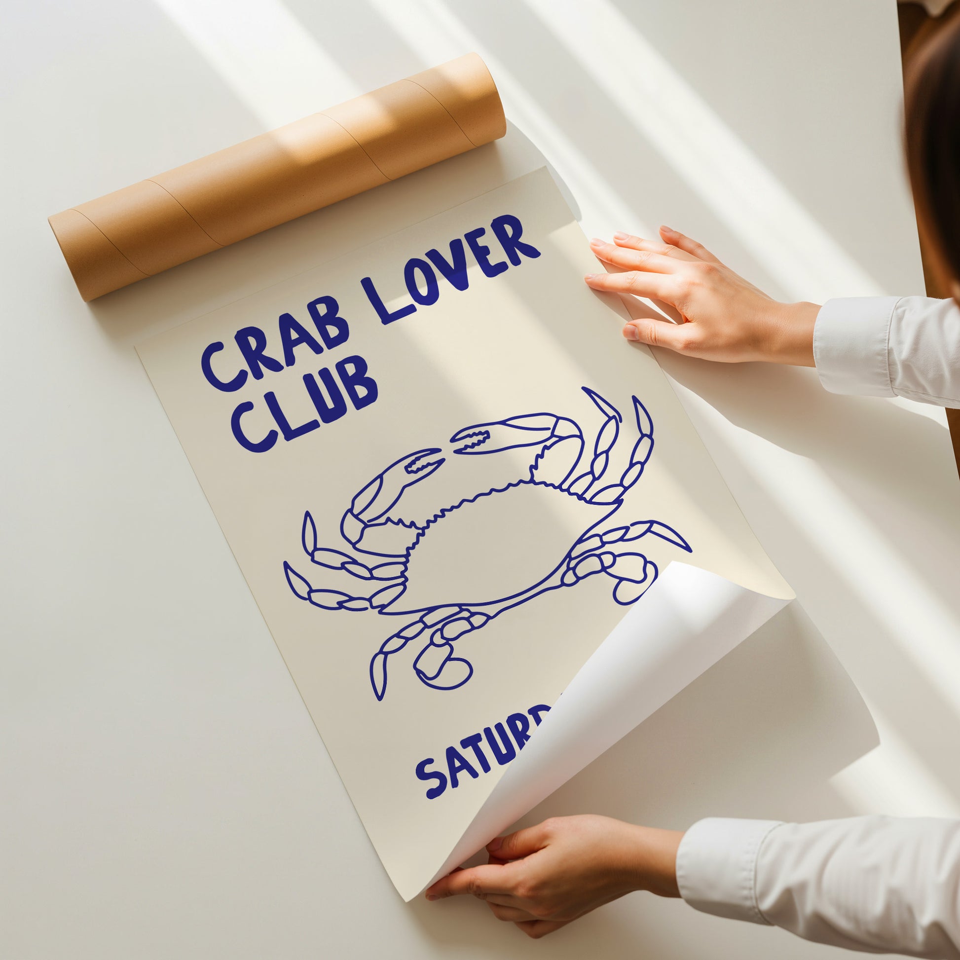 hand-drawn blue crab illustration cream background crab lover club saturday night art print
