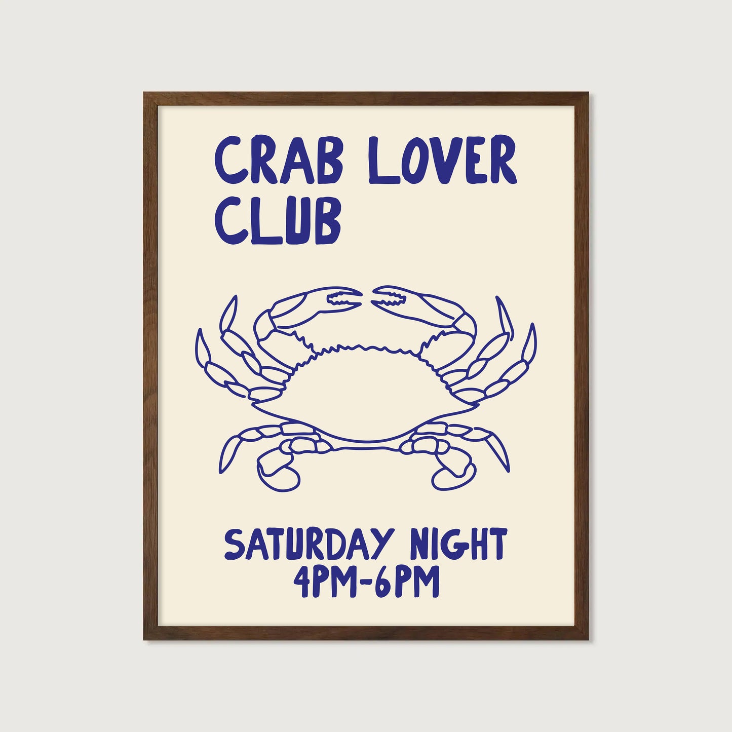 hand-drawn blue crab illustration cream background crab lover club saturday night art print