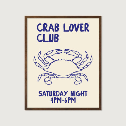 hand-drawn blue crab illustration cream background crab lover club saturday night art print