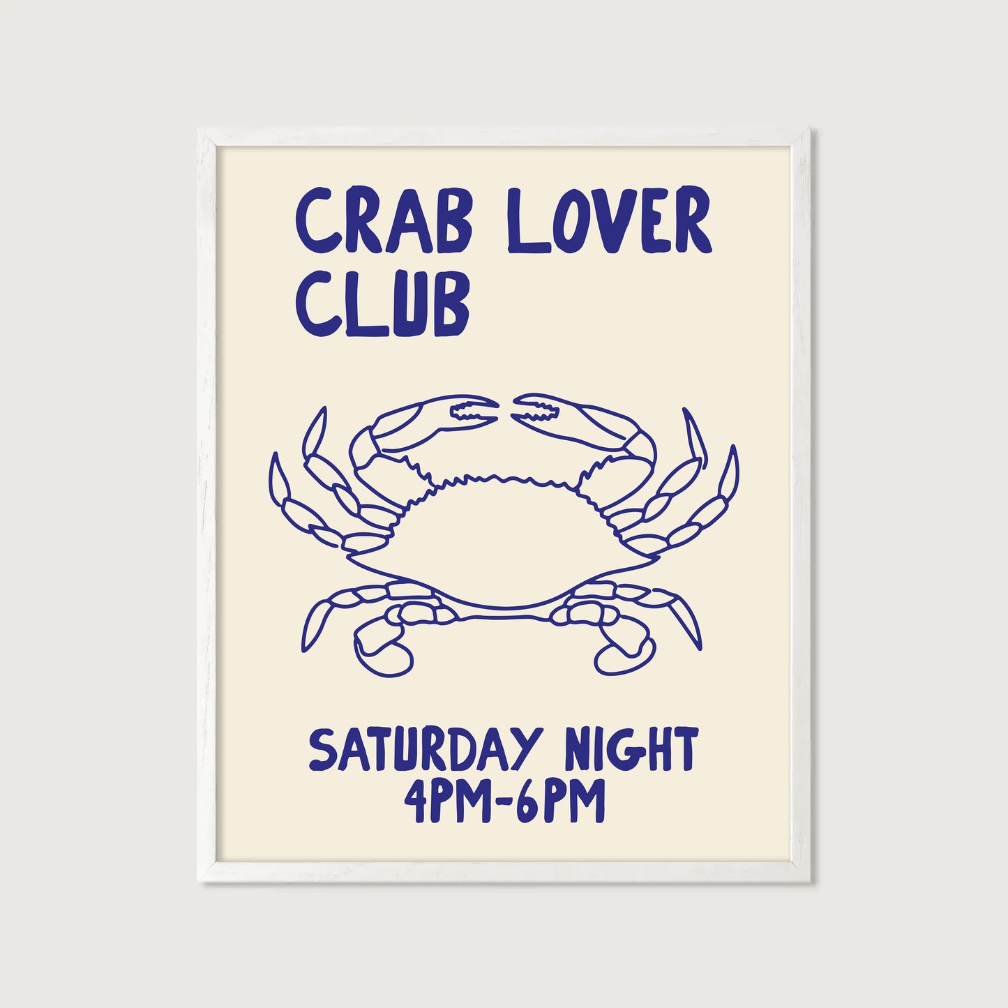 hand-drawn blue crab illustration cream background crab lover club saturday night art print