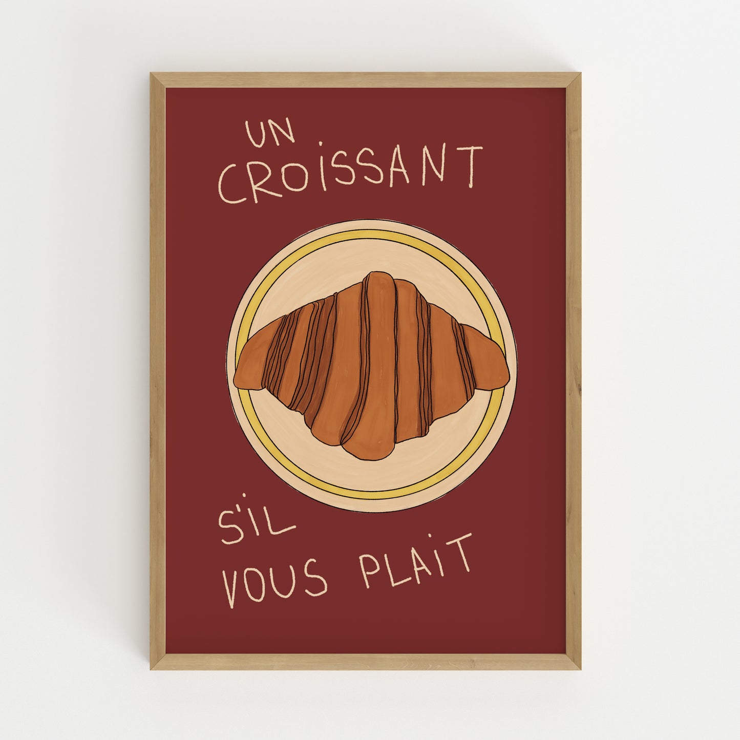 hand-drawn croissant on plate dark red background French cafe style art print
