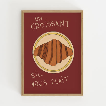 hand-drawn croissant on plate dark red background French cafe style art print