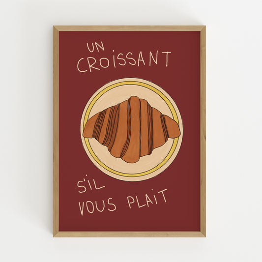 hand-drawn croissant on plate dark red background French cafe style art print