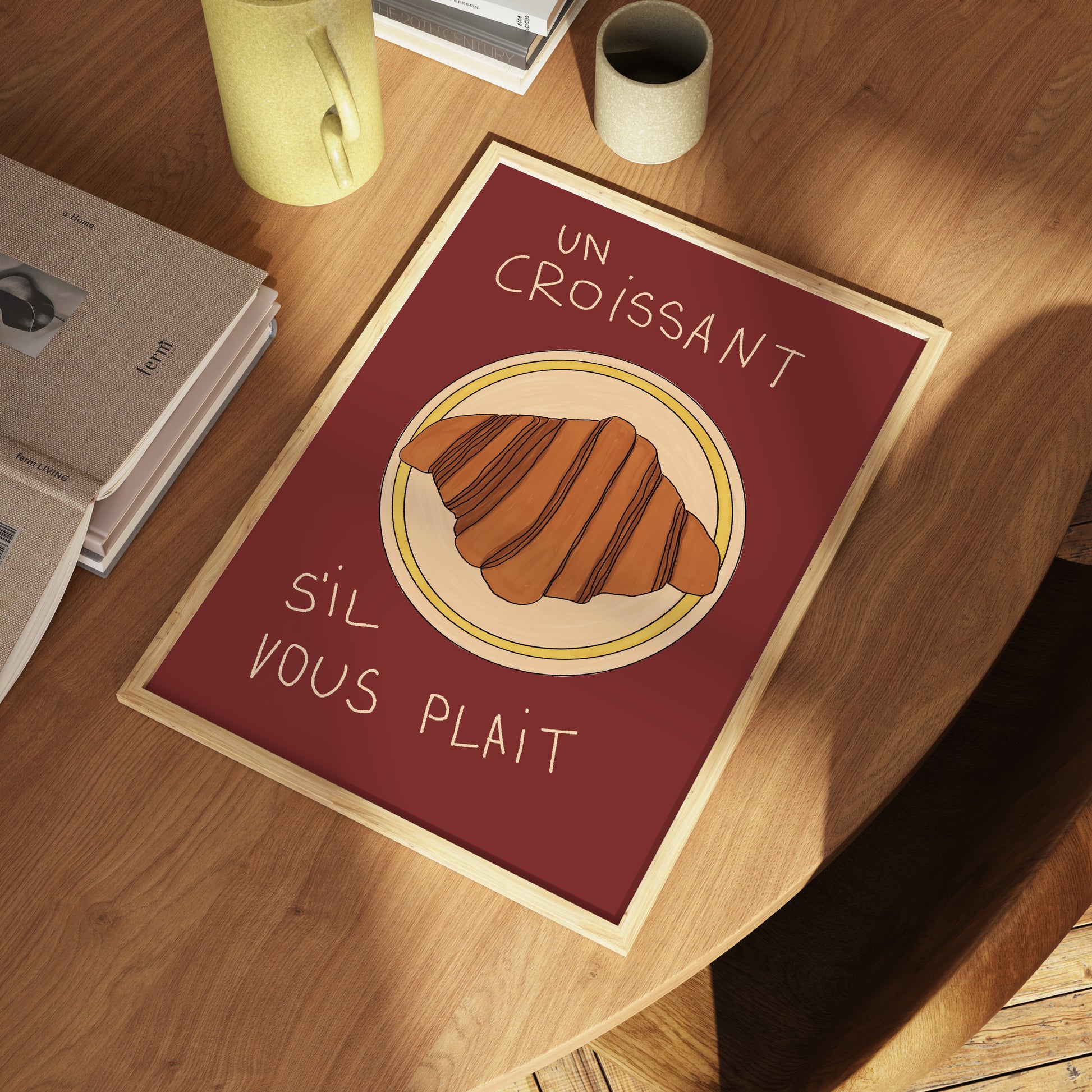 hand-drawn croissant on plate dark red background French cafe style art print