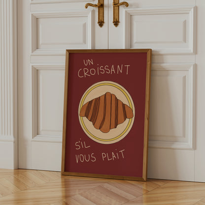 hand-drawn croissant on plate dark red background French cafe style art print