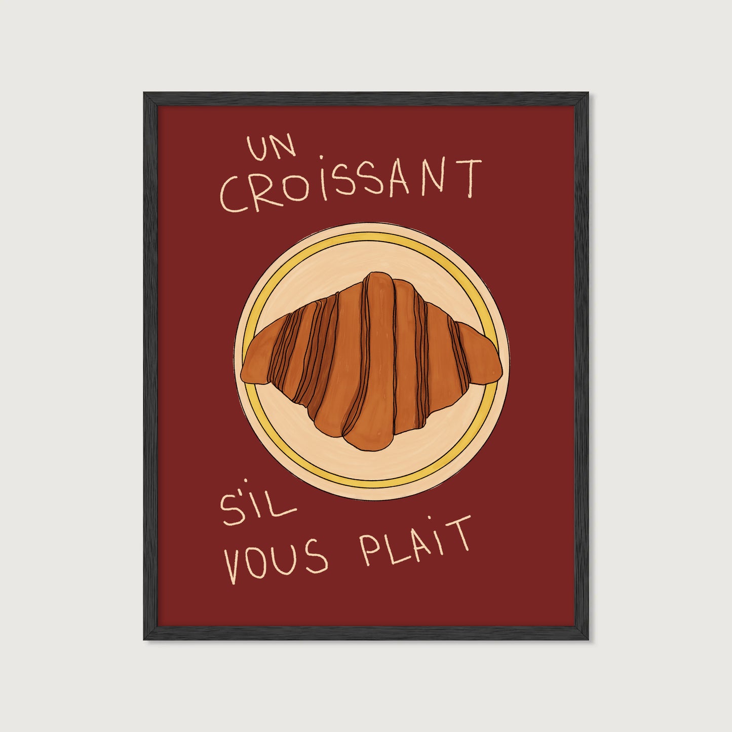 hand-drawn croissant on plate dark red background French cafe style art print
